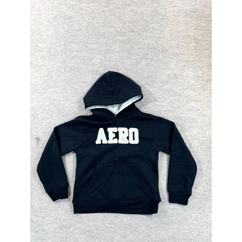 Aeropostale Hoodie Kids 5/6 Black Sherpa Lined Aero Text Applique Embroidered